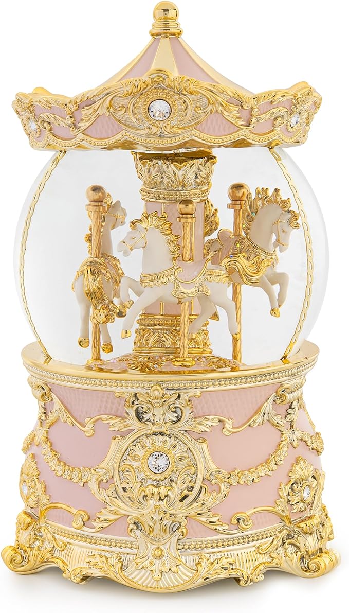 Carousel Music Box Gold & Pink Christmas Snow Globes, 8.3" Rotate Carousel Snow Globe for Kids & Adults, Classic Wind up Musical Snow Globe Valentines Day Gifts for Women Girls, Carousel Home Decor