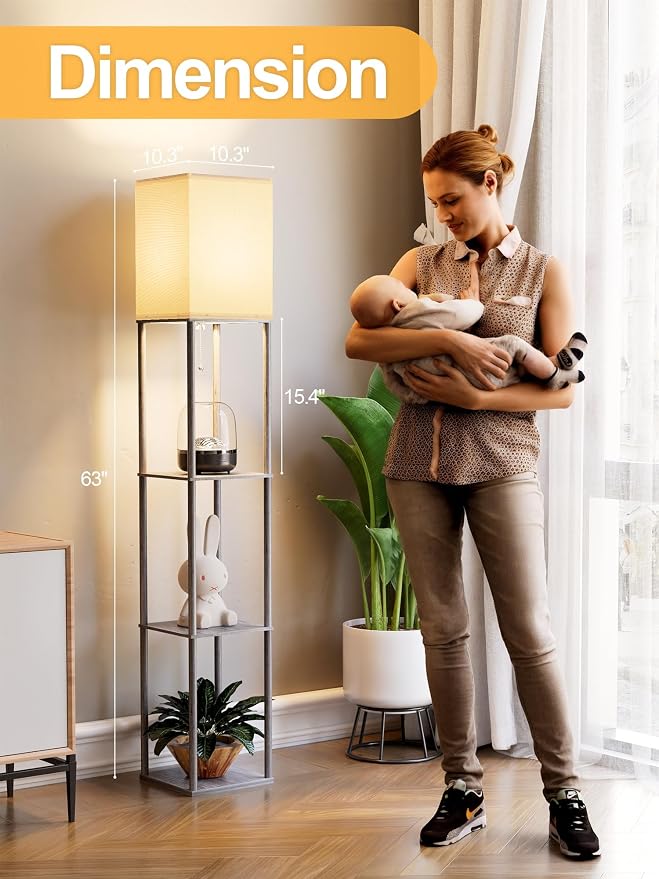 Floor Lamp with Shelves for Living Room, Shelf Floor Lamp with 3 CCT LED Bulb, Corner Display Standing Column Lamp Etagere Organizer Tower Nightstand with White Linen Shade for Bedroom, Dark Gray