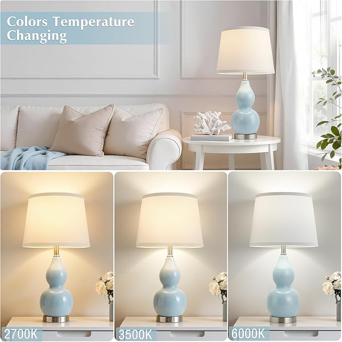GyroVu 22" Table Lamp Set of 2, Color Temperature Adjustable Double Gourd Ceramic Lamps Classic Nightstand Table Lamps for Bedroom Beside Lamps for Living Room, Sky Blue-Bulbs Included