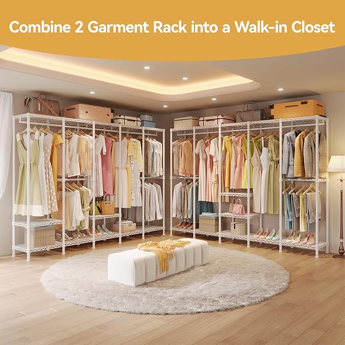 H5 Extra Large Heavy Duty Clothes Rack, Wire Garment Rack, Freestanding Clothing Rack for Hanging Clothes, Wardrobe Closet with Adjustable Shelf, 93.3" Wx15.7 Dx75.4 H, White, Load 1400 lbs