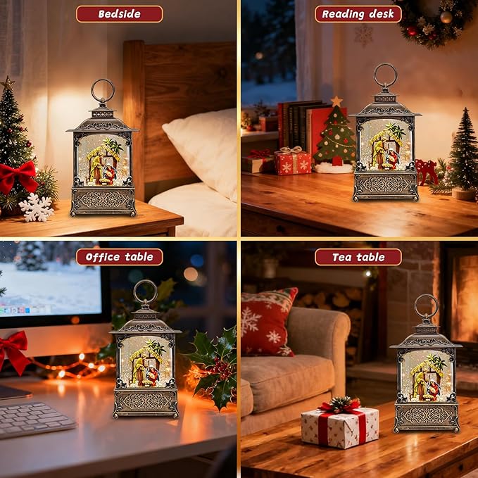 Musical Nativity Scene Christmas Snow Globe Lantern - Lighted Nativity Snow Globes with Swirling Glitter, LED Lights, Silent Night Song, 6-Hour Timer, Battery or USB Powered, Xmas Decorations Gifts