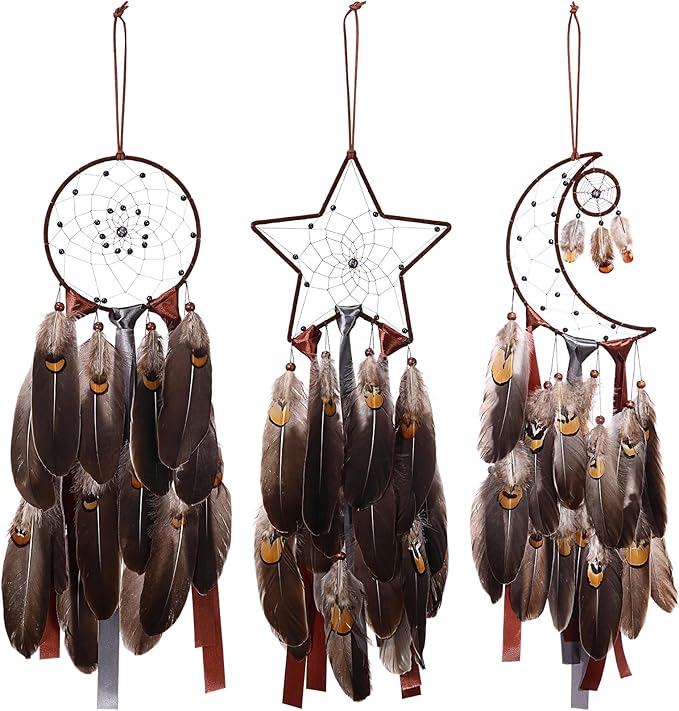 Jetec 3 Pcs Dream Catcher Moon Sun Star Design Handmade Traditional Design Craft Ornament Wall Art Hanging Home Decoration Bedroom Wedding(Brown)