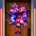 Lighted Up 4th of July Wreaths with Bow, Red White and Blue Mesh Artificial Wreath, American Flag Patriotic Gnome Wreath Decor for Independence Day Front Door Farmhouse Home Wall