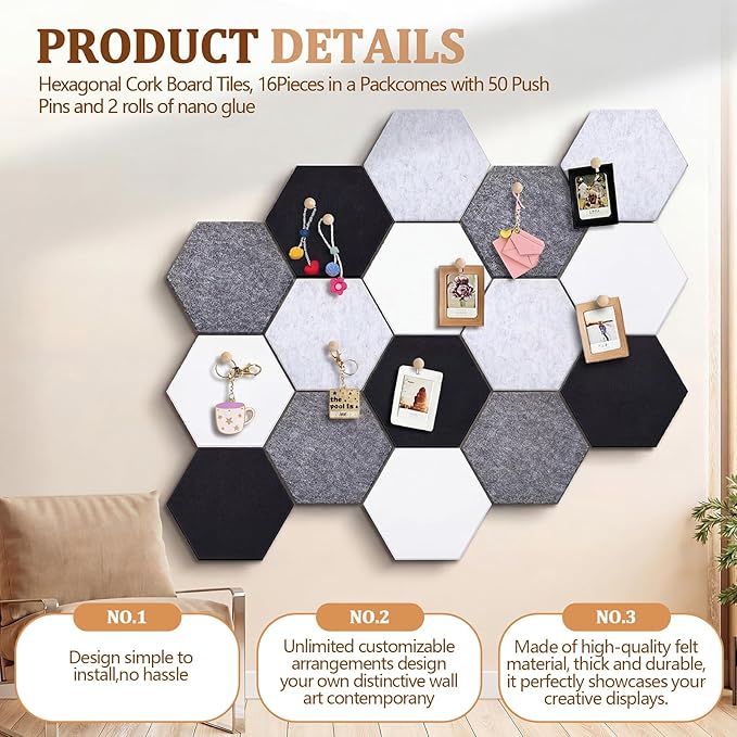 Mindsoft 16 Pcs Hexagon Cork Board for Walls with 50 Wooden Push Pins 12x10 in Felt DIY Tiles Notice with Nano Tape Hanging Bulletin Board for Home Photo Office Memo Note(Grey)