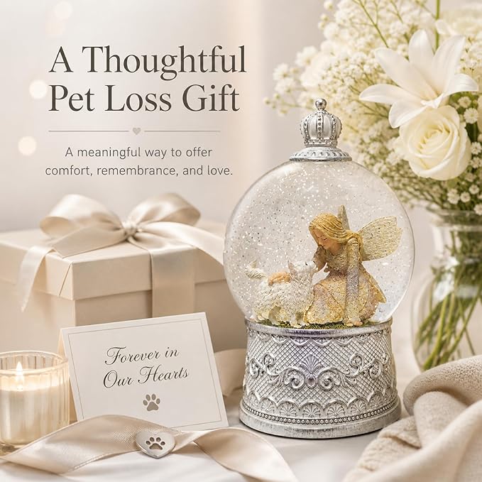 Cat Memorial Gifts for Loss of Cat Sympathy Gift, Snow Globe with Auto Swirling Glitter & 6H Timer, Battery or USB Powered, Cat Remembrance Gifts for Home Decor