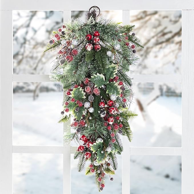 Glitzhome Christmas Teardrop Swag 28 Inch Red Pomegranate Berry & Holy Leaf Decor for Front Door, Indoor Outdoor Holiday Greenery with Rattan Ring for Mantel, Porch, Festive Hanging Decoration