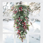 Glitzhome Christmas Teardrop Swag 28 Inch Red Pomegranate Berry & Holy Leaf Decor for Front Door, Indoor Outdoor Holiday Greenery with Rattan Ring for Mantel, Porch, Festive Hanging Decoration
