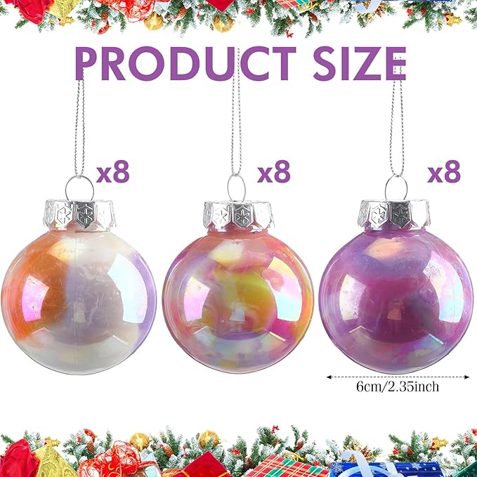 Soulchen 24 Pcs Christmas Iridescent Ornaments 2.36 Inch Plastic Rainbow Hanging Gradient Ball Christmas Tree Decoration Fake Bubble for Xmas Tree Winter Party Holiday Home Decorations