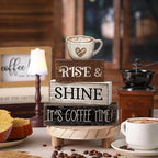 Moucuny 4 Pcs Farmhouse Coffee Bar Sign Decor Wooden Cup Rise & Shine It's Coffee Time Rustic Wood Cafe Sign Gift for Home Kitchen Tabletop Decor