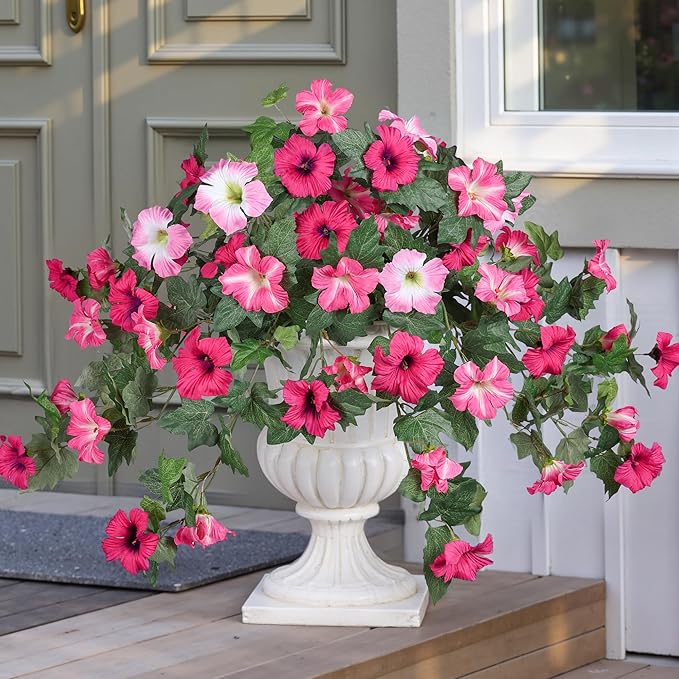 HyeFlora Artificial Flowers for Outdoors 2PCS Spring Faux Morning Glory Look Real Silk Flowers for Outside Planter UV Resistant Fake Flowers for Home Garden Balcony Yard Porch Deco (Pink)