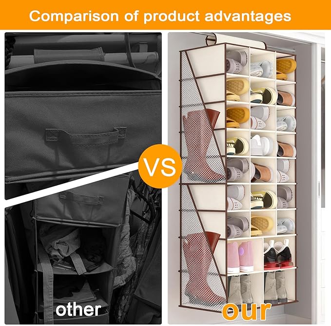 VERONLY Hanging Shoe Organizer for Closet-Collapsible Storage Rack with 25 Sections & 4 Side Pockets, Hanging Shoe Shelves for Hats,and Clothes, Beige