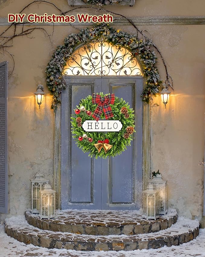 DDHS Large Boxwood Wreath Front Door 24'' Artificial Spring Wreaths for Front Door Farmhouse Wedding Green Year Round Indoor Outdoor for Summer Wreath st Patrick's Day Decoration -(Hello Sign)