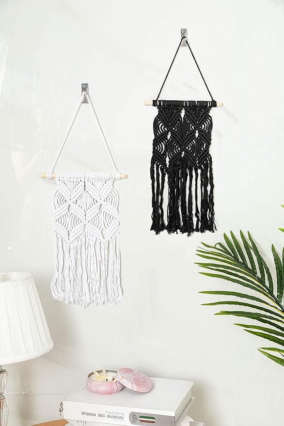 Pack of 2 Woven Macrame Wall Hangings, Handmade Boho Chic Wall Decor Decoration Home Decor Ornament Craft Gift, 18 inch x 10 inch (Black and White)