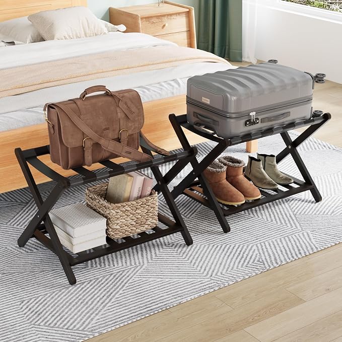 Smuxee Fully Assembled Black Luggage Racks Pack of 2, Upgraded Bamboo Foldable Suitcase Stand with 5 Nylon Straps, Luggage Holder with Shelf for Guest Room Bedroom Hotel
