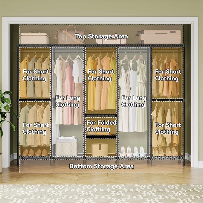 H5 Extra Large Wire Garment Rack, Heavy Duty Clothes Rack, Freestanding Clothing Rack for Hanging Clothes, Wardrobe Closet with Adjustable Shelf, 93.3" Wx15.7 Dx75.4 H, Black, Load 1400 lbs