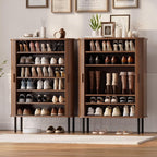 ONBRILL 6-Tier Shoe Cabinet with Sliding Door, Wooden Shoe Storage Cabinet with Adjustable Shelves, Mid-Century Modern Freestanding Shoe Storage Organizer for Entryway, Hallway, Living Room, Walnut