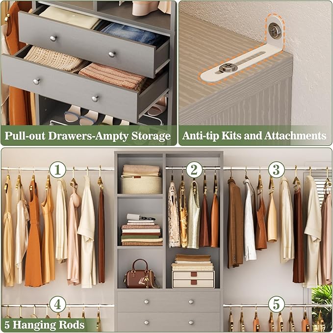 Closet System, 4.2–8.8 FT Closet Organizer with 2 Wooden Drawers and Shelves, Walk-in Closet System with 5 Hang Rods, Built-in Closet Tower, Can Fit 60 to 96 inch, Morandi Grey