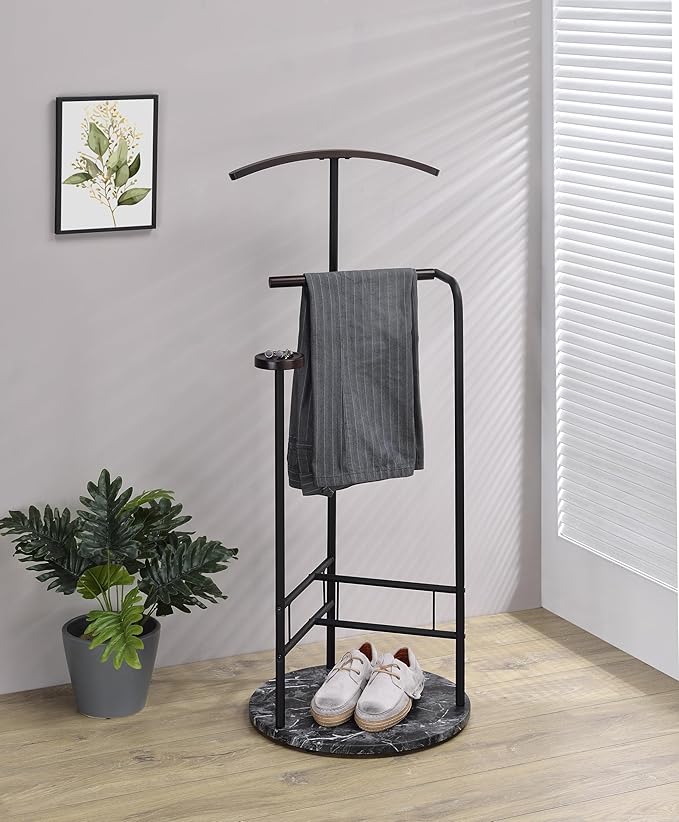 Proman Products Scandia Valet Stand, Clothes Rack, Clothing Organizer with Tray, Hanger and Trousers Bar, Wood, Metal, Black