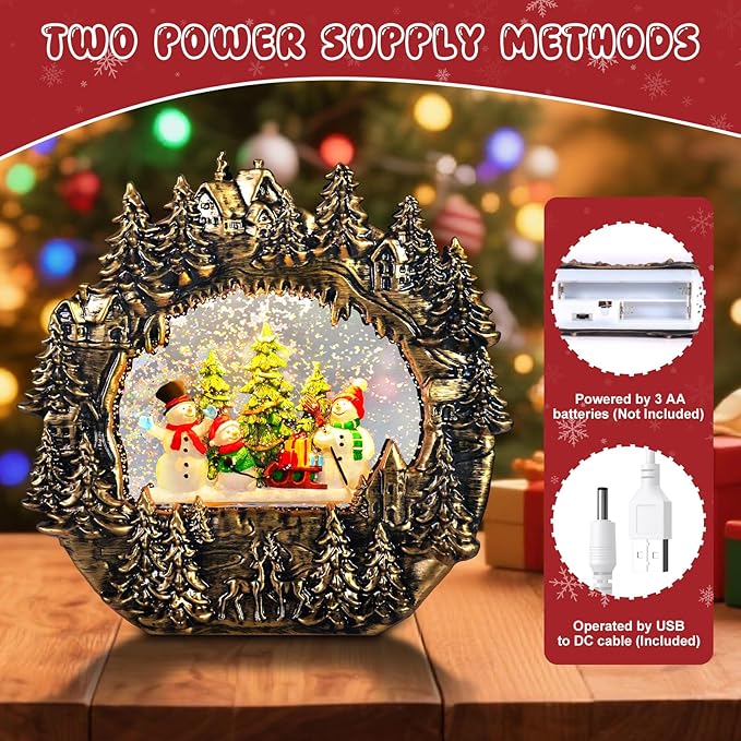 Christmas Snow Globe Lantern Water Glittering Lantern with Snowman 8 Music Songs & 6H Timer Christmas Snow Globes USB & Battery Operated for Christmas Festival Decorations Gifts (Bridge-Snowman)