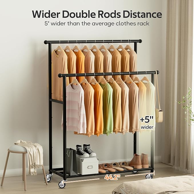 MISSLO Double Rods Garment Rack Heavy Duty Clothing Rack for Hanging Clothes Portable Clothes Organizer for Bedroom, Living Room, Clothing Store (Black with wheels)