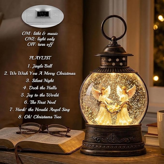9.7'' Christmas Angel Snow Globe, Musical Lighted Water Lantern, Retro Decoration with Swirling Glitter, USB Powered and Battery Operated, Xmas Home Décor Gift (Baby Jesus with Angel)