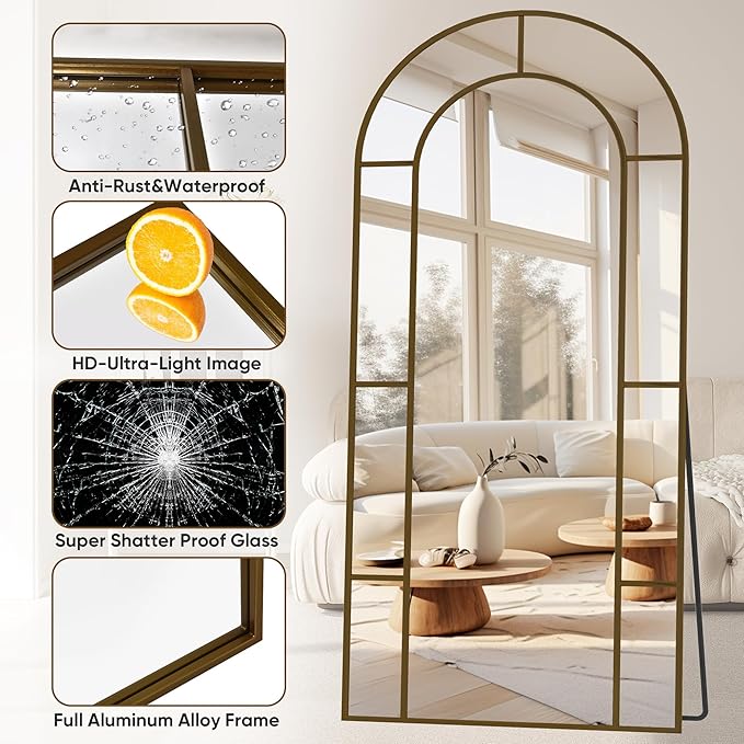 Antok 76" x 34" Full Length Mirror, Floor Mirror Arched Window Decorative Mirror, Metal Framed Decor Farmhouse Floor Mirrors Art Pane Mirrors Wall Decor for Bedroom, Living Room, Entryway Black