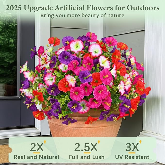 MARTINE MALL 12 Bundles Look Real Artificial Flowers for Outdoors, Realistic Fake Outdoor Flowers, UV Resistant Silk Petunia Flowers for Outside Faux Flowers Plants for Outdoor Porch, Mix Colors
