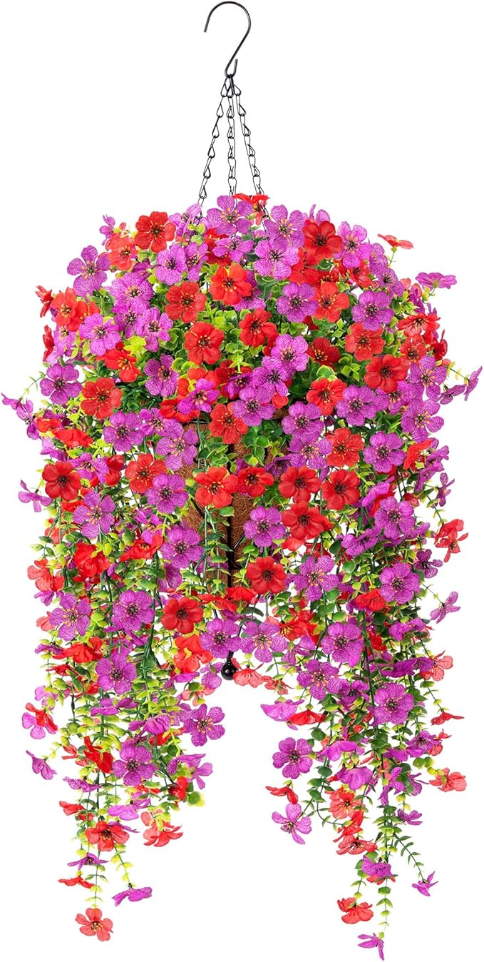 Artificial Hanging Flowers for Outdoors Fake Plants Decoration, 2 Packs Faux Silk Daisy Flower Realistic Outdoor Flowers UV Resistant Porch Patio Window Yard Indoor Spring Decor(Red Purple)