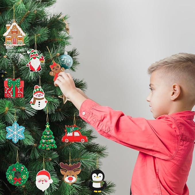 kockuu Christmas Ornaments for Tree Decorations, 24pcs Soft PVC Hanging Ornaments Snowflake Gingerbread House Snowman for Christmas Tree Gift Box, Winter Holiday Party, Home, Office Decor