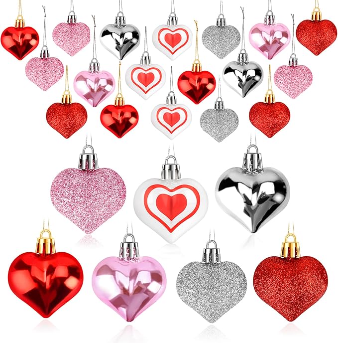 Heart Ornaments for Valentines Day Decorations, Hanging Ornaments for Christmas Tree, 30 Pcs Heart Shaped Ornaments for Home Decorations, Valentines Decor, 7 Styles