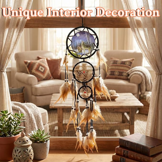 Wowagoga Dream Catcher Indian Style Oil Painting Wolf Hand-Woven Car Pendant Wall Hanging Home Decorations (Wolf)