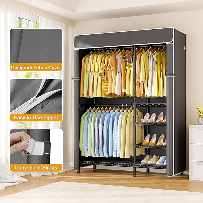 F2C Clothes Rack with Cover, Clothing Racks for Hanging Clothes, Heavy Duty Garment Rack with Shelves and Hanger Rods, Black Closet with Dark Gray Cover, 47.2"W x 16.5"D x 78.3"H, Load 630lbs