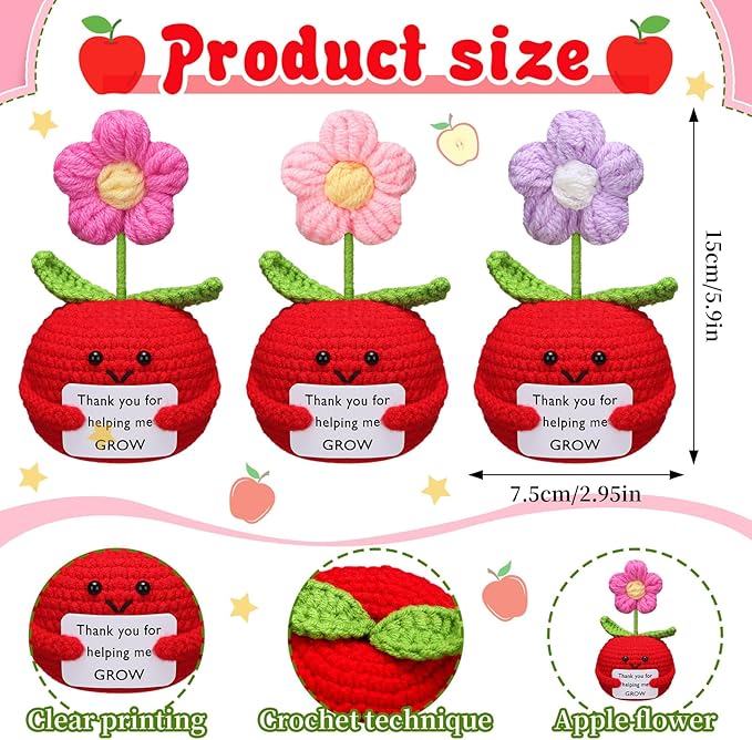 Wavwavw 3 Pack Teacher Appreciation Gift Positive Flower Handmade Crochet Doll Thank You for Helping Me Grow Gifts Back to School Gifts for Women Teacher(Apple Puff Flower)