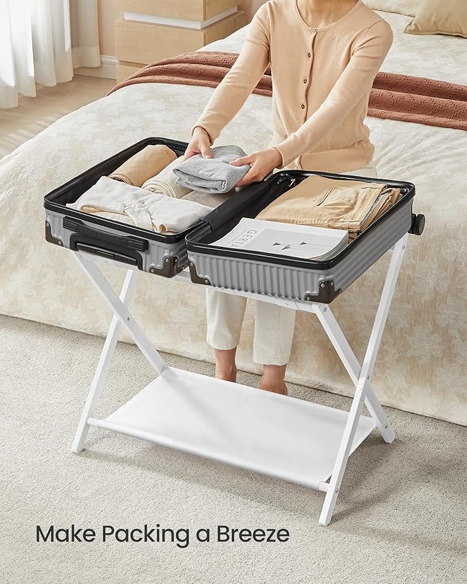 SONGMICS Luggage Racks for Guest Room, Set of 2, Suitcase Stand with Storage Shelf, Steel Frame, Foldable for Easy Storage, Hotel, Bedroom, Cloud White URLR003W02