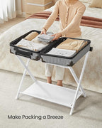 SONGMICS Luggage Rack for Guest Room, Suitcase Stand with Storage Shelf, Steel Frame, Foldable for Easy Storage, Hotel, Bedroom, Cloud White URLR003W01