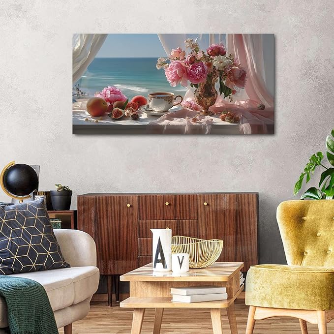 Vintage Pink Flower Wall Art Retro Flowers in Golden Vase Pictures Blue Ocean Coastal Landscape Canvas Prints Blossom Painting Poster Floral Artwork for Living Room Bathroom Home Decoration 24x48"
