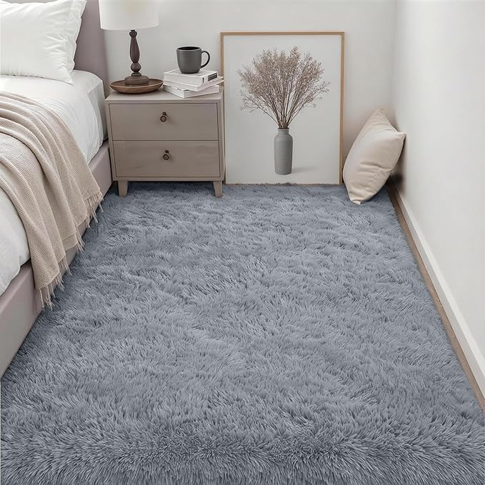 Fluffy 5x7 Area Rugs for Living Room Bedroom: Ultra Soft Shag Rug Non-Slip Non-Shedding Small Plush Bedside Rug Indoor Floor Carpets for Kids Room Playroom Entryway Nursery Dorms Home Decor Gray