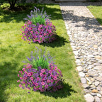 INQCMY Artificial Flowers for Outdoors UV Resistan 12 Pcs Silk Daisies with Eucalyptus Leaves and 2 Pcs Lavender Suitable for Porch Balcony Courtyard Garden (Red Lotus Deep Purple)