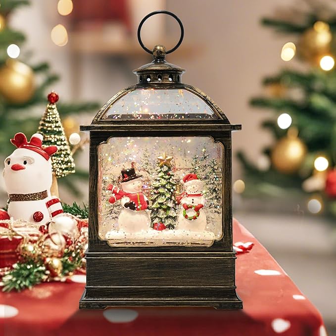 Christmas Snow Globe Lantern with Snowmen 8 Music Songs & 6H Timer Water Snow Globe Lantern USB & Battery Operated for Christmas Festival Decorations Gifts (Two Snowmen)