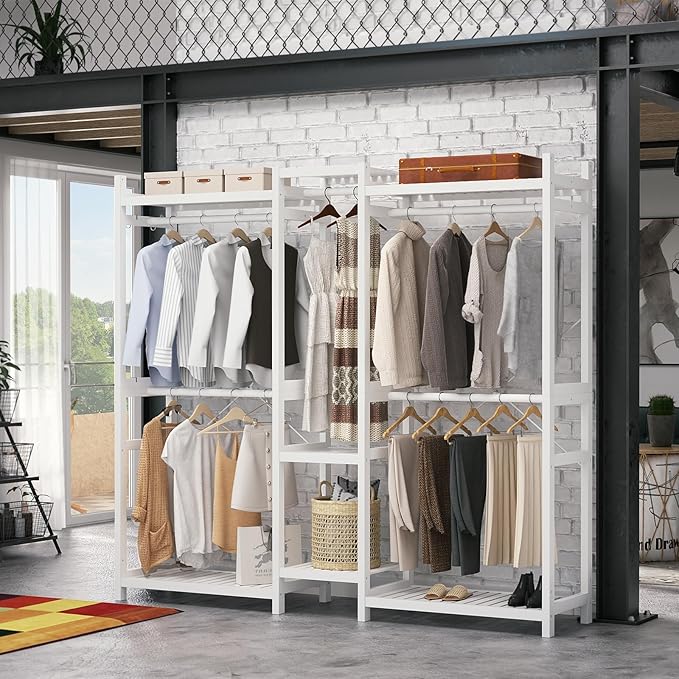 Homykic Bamboo Closet System Clothes Rack, Large Freestanding Garment Rack Clothing Rack for Hanging Clothes with 7 Storage Shelves and 5 Rods, Open Wardrobe Organizer with 4 Hooks, White