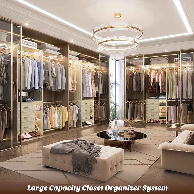 Aheaplus Closet System - 8FT Organizer with 3 Wooden Drawers, Fits 5.3-9 ft Walk-in Closet, White Oak