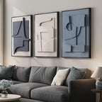 Large 3D Textured Framed Blue and White Abstract Wall Art, 3 Piece Modern Artwork for Walls, Minimalist Navy Blue Geometric Paintings for Living Room, Bedroom, Dining Room, Office Wall Decor 20x30 In