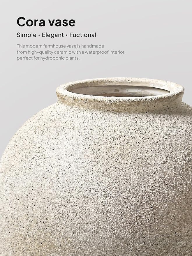 Large White Ceramic Vase - 9.8 Inch Rustic Farmhouse Vase for Home Decor, Minimalist Tall Vases for Living Room, Table, Bathroom, Holiday & Weddings (Sandstone Yellow)