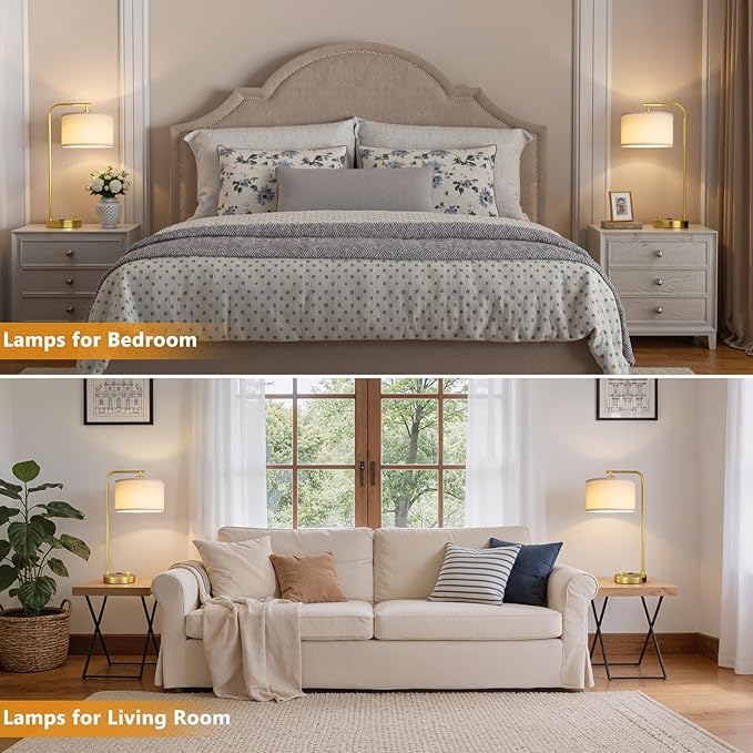 Innqoo Bedside Table Lamps for Bedroom Set of 2-Dimmable Nightstand Lamps with USB Port and Outlet,Modern Gold Lamps with Linen Shade,Tall Desk Lamps for Home Office Bedroom Living Room End Table