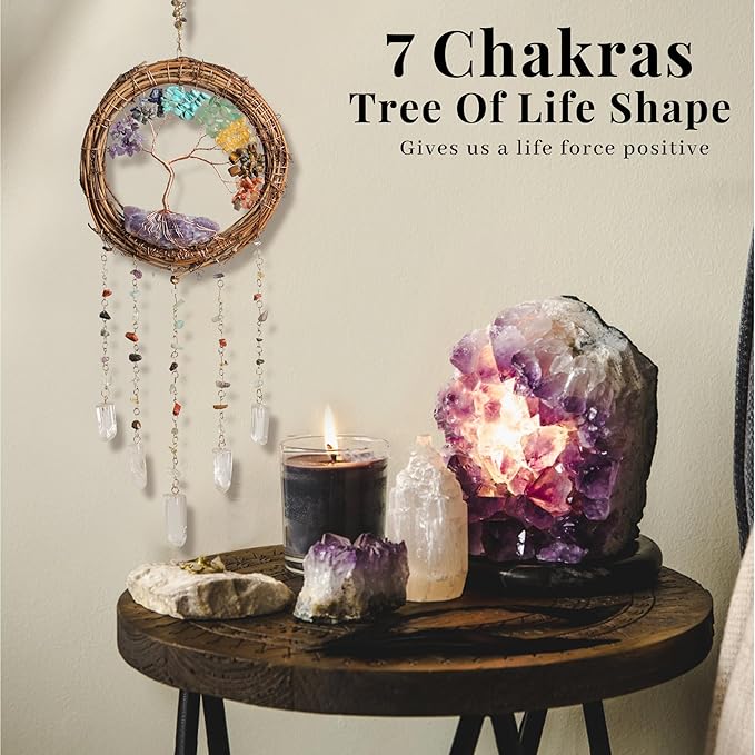 Dream Catcher - Dreamsum 7 Chakra Tree of Life Dream Catcher Native Boho Dreamcatcher Rattan Wall Decor, Handmade Natural Rattan Brown Crystal Hanging Decor for Bedroom Living Room (Dark Brown)