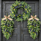 3 PCS Artificial Green Eucalyptus Olives Wreaths for Front Door Spring Summer Greenery Teardrop Swag with Eucalyptus Leaves Boxwood Mixed Berry for Indoor Outdoor Farmhouse Home Festival Wedding Decor