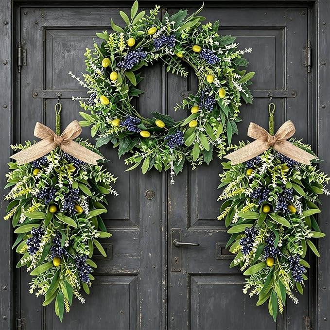 3 PCS Artificial Green Eucalyptus Olives Wreaths for Front Door Spring Summer Greenery Teardrop Swag with Eucalyptus Leaves Boxwood Mixed Berry for Indoor Outdoor Farmhouse Home Festival Wedding Decor