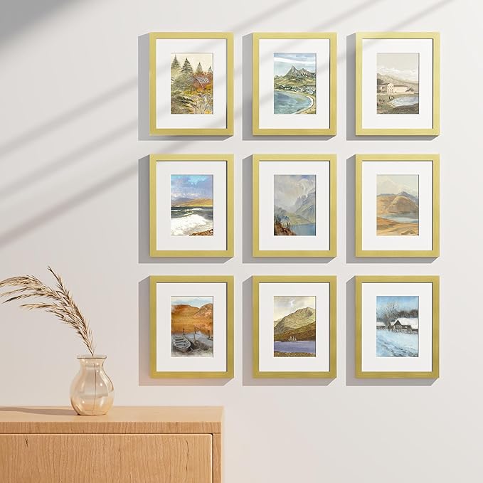 Vittanly 8x10 Picture Frames Set of 9, Shatter Resistant Plexiglass, Display 5x7 Pictures with Mat or 8x10 without Mat, Photo Frames for Wall or Tabletop, Engineered Wood, Gold
