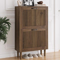 Smuxee Walnut Shoe Cabinet with 2 Flip Drawers, 23.6" Hidden Shoe Storage Cabinet with Small Fluted Doors, Freestanding Shoe Organizer Cabinet for Entryway, Hallway, Living Room