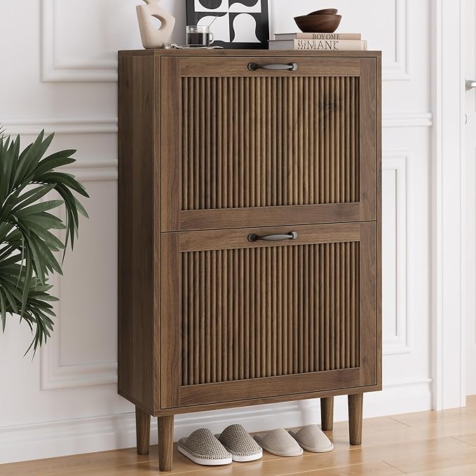 Smuxee Walnut Shoe Cabinet with 2 Flip Drawers, 23.6" Hidden Shoe Storage Cabinet with Small Fluted Doors, Freestanding Shoe Organizer Cabinet for Entryway, Hallway, Living Room